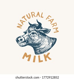 Milk label. Vintage Cow logo for shop. Cattle Badge for t-shirts. Hand Drawn engrave sketch. Vector illustration.