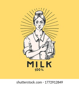 Milk label. Woman farmer, milkmaid and or bottle. Vintage farm logo for rural shop. Badge for t-shirts. Hand Drawn engrave sketch. Vector illustration.