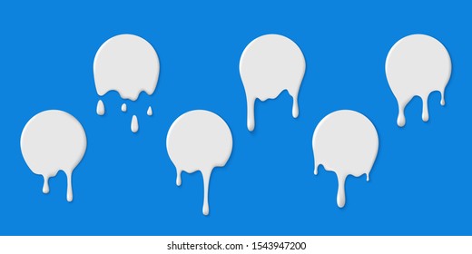 Milchetiketten mit Tropfen. Milchshake-Schmelzkreiskleber mit Tropfen. Weiße Farbblöcke, Jogurt-Dessert-Tropfflüssigkeit-Splash, Vektorsilhouette Logo Rundform Set