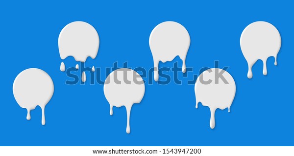 牛乳のラベルに落とし粉が付いている ミルクシェイクの溶け円はしずくで落ちます 白いペイントのブロブ ヨーグルトデザートに水滴 を落とす流体のスプラッシュベクターシルエットのロゴ丸いシェイプセット のベクター画像素材 ロイヤリティフリー