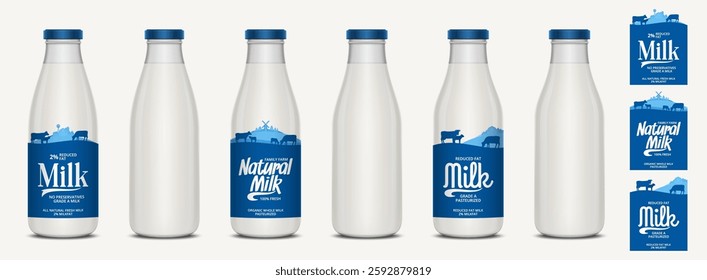 Milk labels with farm, cows and calves. Milk glass bottles with labels and unlabeled. Vector illustration