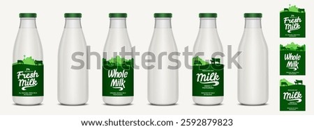 Milk labels with farm, cows and calves. Milk glass bottles with labels and unlabeled. Vector illustration