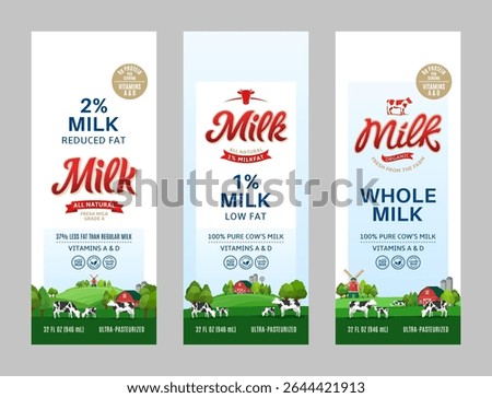Milk labels in modern style. Milk packaging design templates. Dairy farm illustrations
