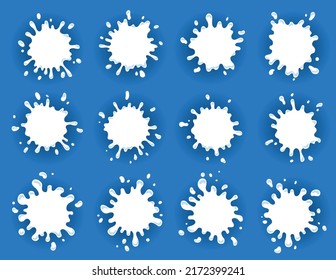 Milk labels set with drops and splashes. Milk badge of creative package. Liquid amoeba shapes. Vector design milk symbol. Background with place for text