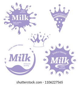 Milk labels vector set. Splash and blot design, milk product logo