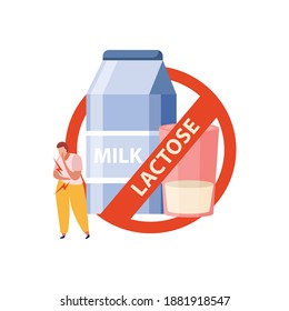 Milk and lactose intolerant person on white background flat vector illustration