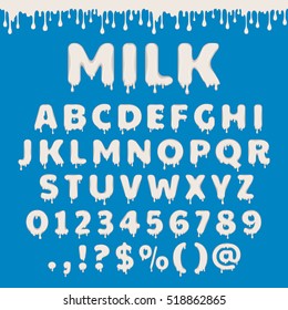 Milk Latin Alphabet, Abc. Vector Font Type With Splash And Flow Drop Of White Liquid. For Dairy Packaging Design. Numbers And Symbols Isolated On White Background.