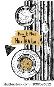 Milk latte tea. Vector ink hand drawn style tea set.