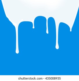 Milk leaking on blue background. Vector illustration. White ink or glossy varnish dripping over backdrop. 