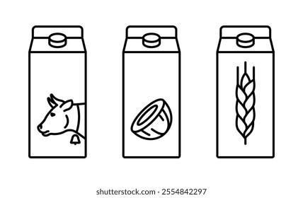 Milk, line icon set - regular, coconut, oat milk. Different type of milk in carton boxes. Linear illustration, editable strokes, symbol