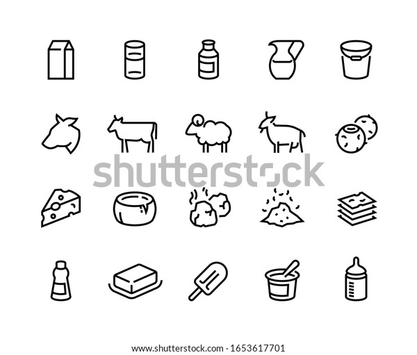 Milk line icons. Dairy\
products of cheese yogurt butter and cream, organic farm food, cow\
goat sheep and coconut milk. Vector set flat illustrations healthy\
food icon