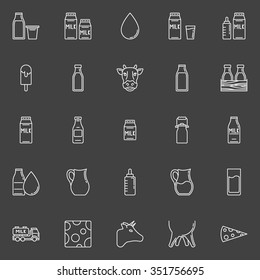 Milk line icons - vector dairy products sign, cow symbols. Milk logo elements on dark background