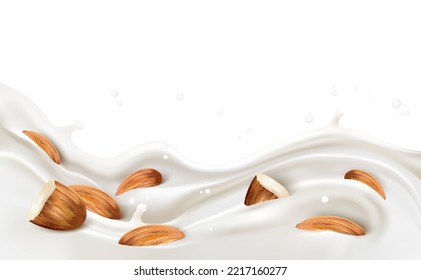 Milk liquid with almonds splashing isolated on solid color background. Realistic vector in 3D elements. Food and Drink concepts.