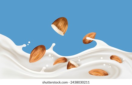 Líquido de leche con salpicaduras de almendras aisladas sobre fondo de color sólido. Vector realista en elementos 3D. Conceptos de comida y bebida.