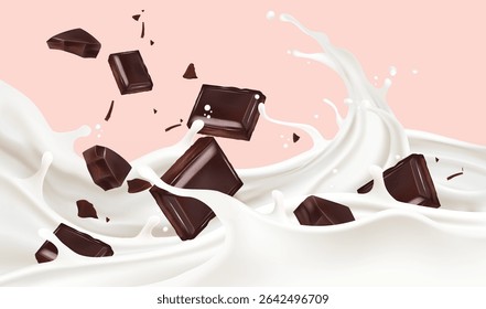 Milk liquid with Chocolate splashing isolated on solid color background. Realistic vector in 3D elements. Food and Drink concepts.