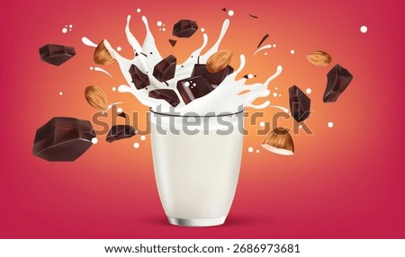 Milk liquid with Chocolate splashing isolated on solid color background. Realistic vector in 3D elements. Food and Drink concepts.