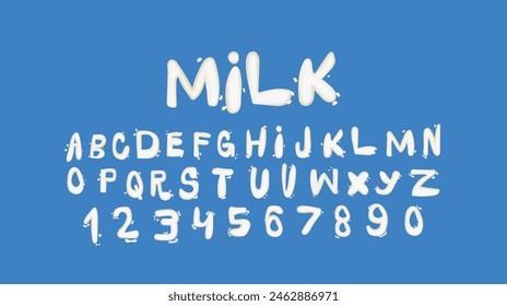 milk, liquid letter typography, funny white alphabet, vector comic letters and numbers. vector illustration with transparent background.