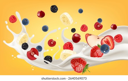 Milk liquid with Mixed berry splashing isolated on solid color background. Realistic vector in 3D elements. Food and Drink concepts.