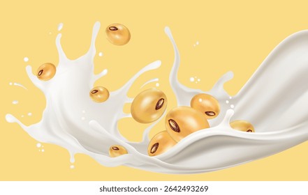 Milk liquid with Soy beans splashing isolated on solid color background. Realistic vector in 3D elements. Food and Drink concepts.
