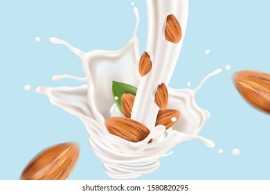 Milk liquid splashing with almonds seed isolated in the middle on solid color background, Vector realistic in 3d illustration. Food concept.