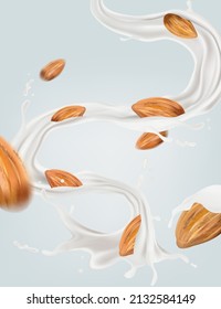 Milk liquid splashing with Almonds seed tropical fruits on solid color background. Vector in 3D illustrations.