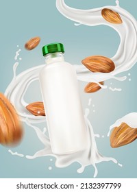 Milk liquid splashing with Bottle mock up of Almonds seed tropical fruits on solid color background. Vector in 3D illustrations.