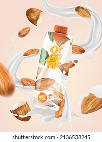 Milk Liquid Splashing mit Flasche Modell aus Mandeln Samen tropische Früchte auf solidem Hintergrund. Vektorgrafik in 3D-Illustrationen.