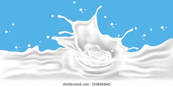 Milk liquid splashing isolated in the middle on solid color background, Vector realistic in 3d illustration. Food concept.