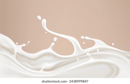 Leche líquido salpicando aislado sobre fondo de color sólido. Vector realista en elementos 3D. Conceptos de comida y bebida.