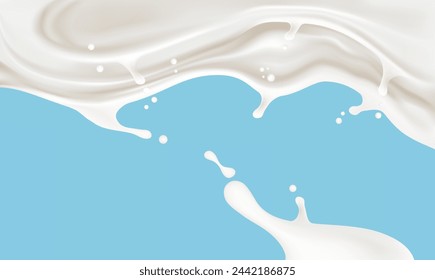 Leche líquido salpicando aislado sobre fondo de color sólido. Vector realista en elementos 3D. Conceptos de comida y bebida.