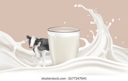 Milk liquid splashing isolated on solid color background. Realistic vector in 3D elements. Food and Drink concepts.