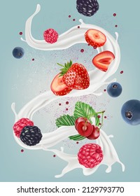 Milk liquid splashing with Mix berries smoothie fruit of Tropical fruits on solid color background. Vector in 3D illustrations.