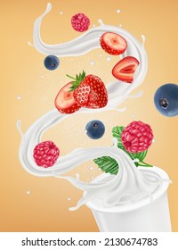 Milk liquid splashing with Mix berries smooth fruit of Tropical fruits on solid color background. Vector in 3D illustrations.