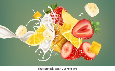 Milk liquid splashing with Mix fruit smoothie of Tropical fruits on solid color background. Vector in 3D illustrations. Food and Drink concepts.