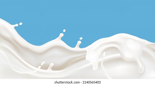 Milk liquid splashing on solid color background. Vector in 3D illustrations. Food and drink concepts.