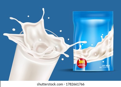 Milk Liquid Splash und Milchverpackung einzeln in der Mitte auf festem Hintergrund. Vektorrealistisch in 3D-Abbildung.