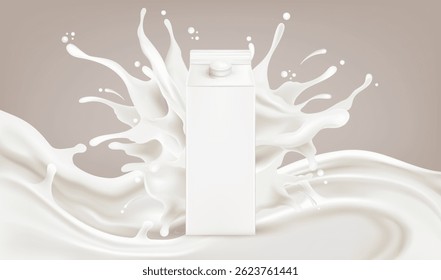 Milk liquid splashing with packaging  mock up isolated on solid color background. Realistic vector in 3D elements. Food and Drink concepts.