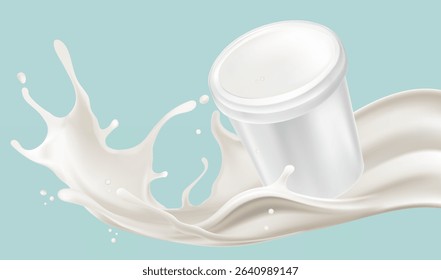 Milk liquid splashing with packaging mock up isolated on solid color background. Realistic vector in 3D elements. Food and Drink concepts.