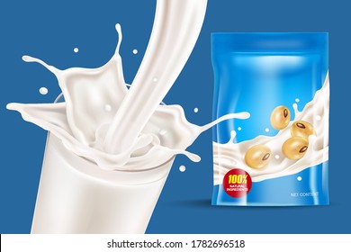 Leche líquido salpicado y leche vertiéndose con embalaje aislado en el medio sobre fondo de color sólido. Vector realista en ilustración 3d.