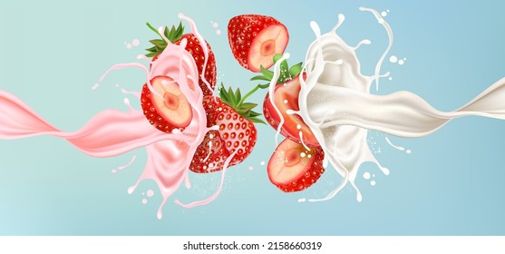 Leche líquida salpicada con fresas suavizadas de frutos tropicales sobre fondo de color sólido. Vector en ilustraciones 3D. Conceptos de comida y bebida.