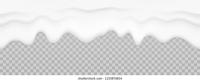 Milk liquid texture. Vector dripping cream yogurt seamless background. Flowing white creamy mayonnaise sauce isolated on transparent background