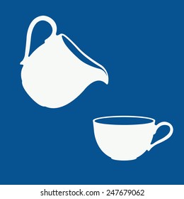 Milk logo in a blue and white. Milk pouring from a pitcher into a cup. Design template for label, banner, badge, logo. Vector.