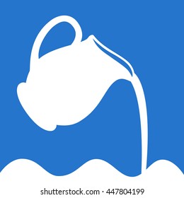 Milk logo in a blue and white. Milk pouring from a jug. Design template for label, banner, badge, logo. Milk pitcher illustration.