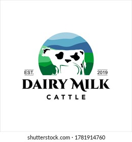 Milk Logo Cow Cattle Farm Dairy, organic drink from fresh agriculture fields vector badge design template