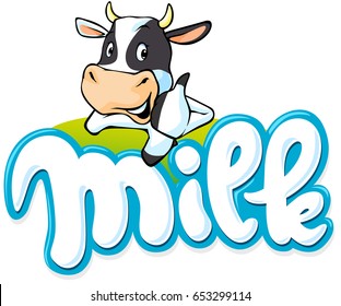 milk logo hand written with cow - vector illustration