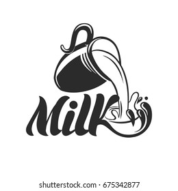 Milk logo with jug. Vector badge for milk store, shop or products. 