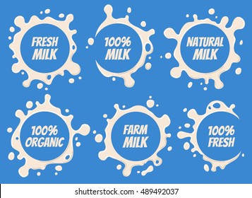 Milk Logo and Labels Designs with Lettering Set. Vector Splashes