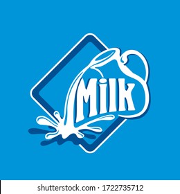 Plantilla del logotipo de la leche - jarra con salpicadura de leche - emblema de marca creativa sobre fondo azul