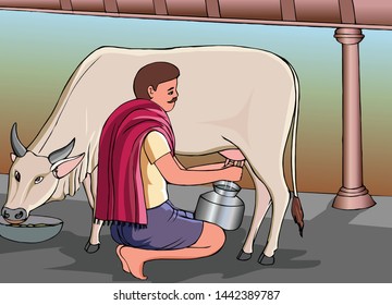 Milk man extract substance from cow - Vector Drawing