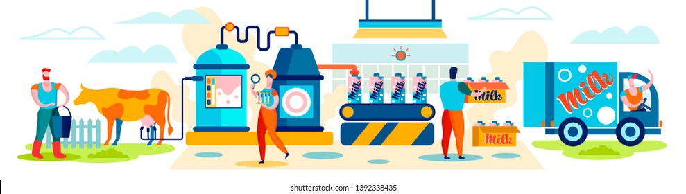 Milk Manufacturing Farm Production Industry, Stage Process On Conveyor, Dairy Food Machine Plant. Products Industrial Management. Woman Test Beverage Quality In Flasks Cartoon Flat Vector Illustration